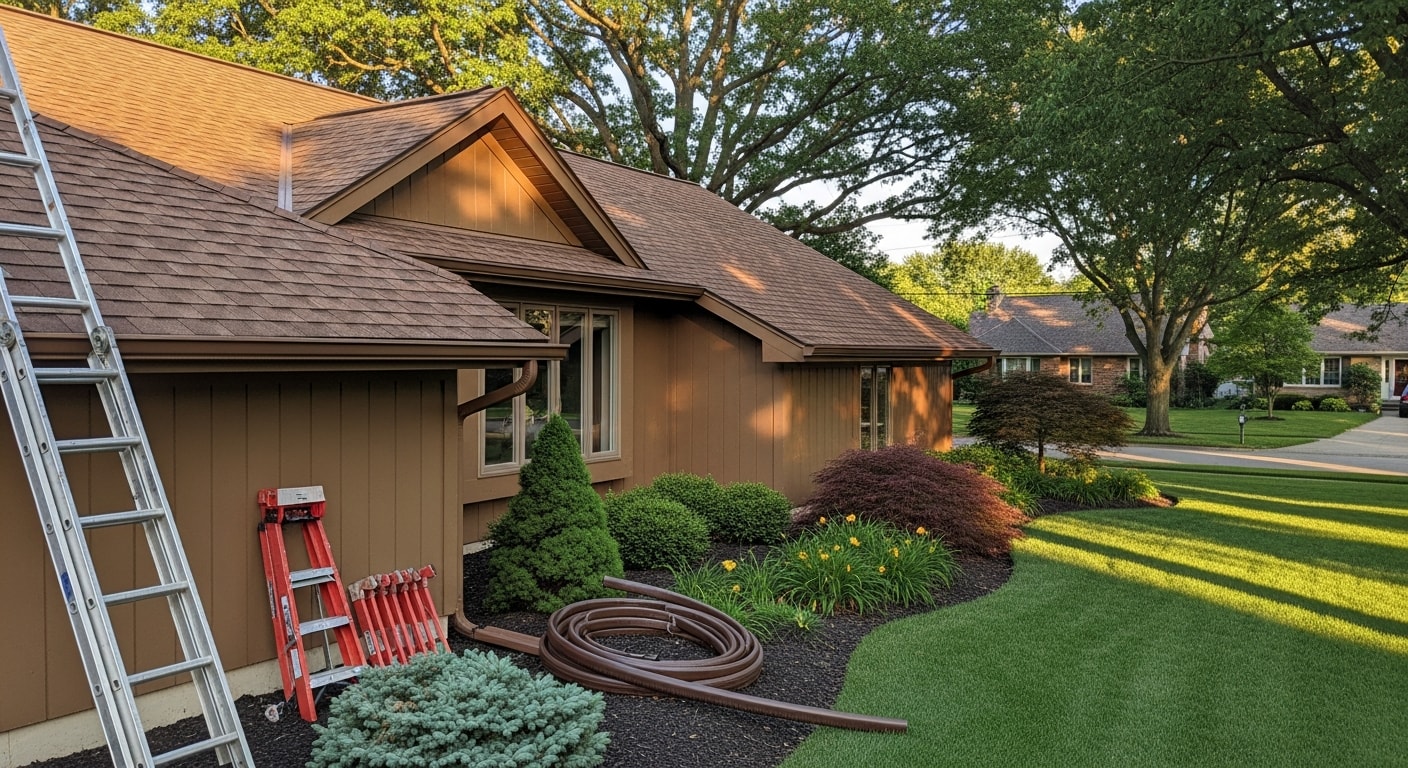 Completed exterior home renovation showing new roof, siding, and gutters