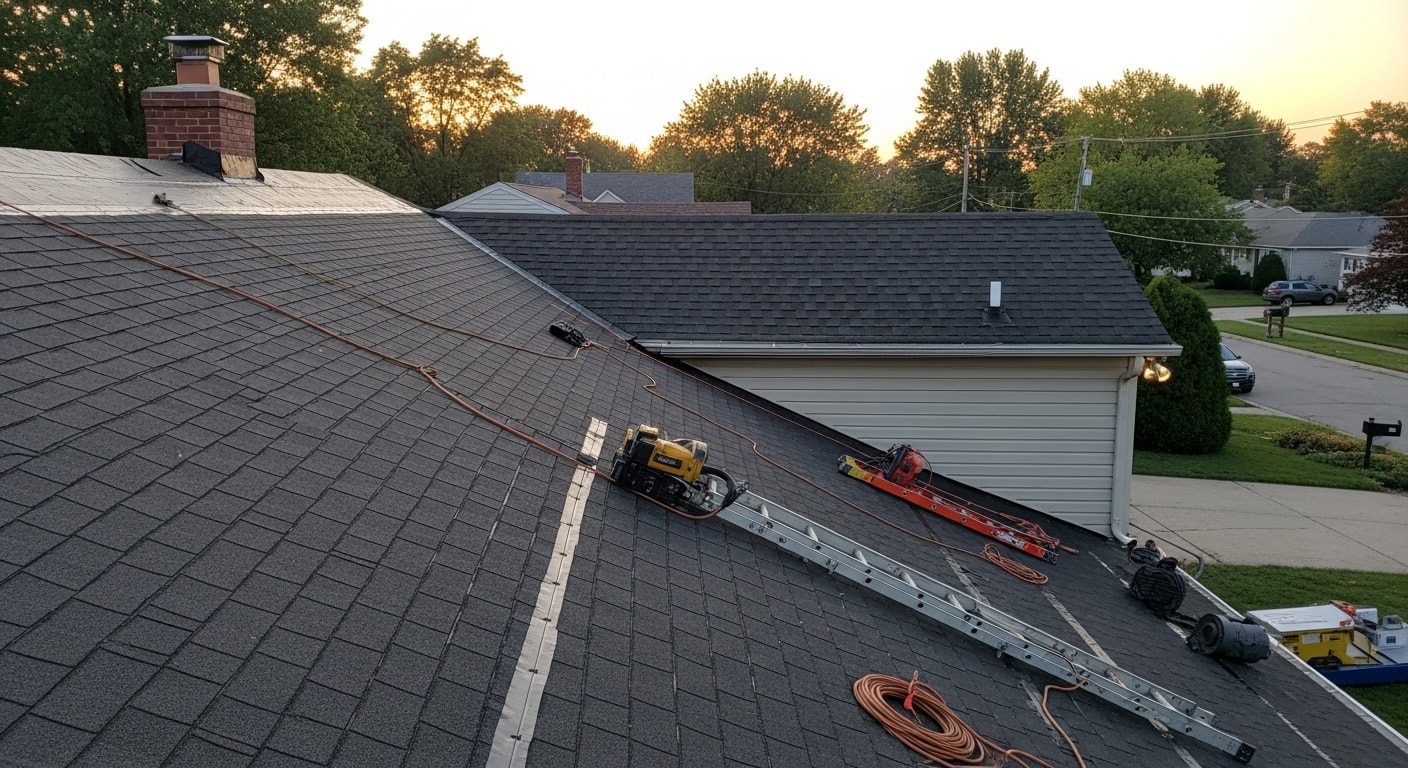 Professional roofer installing new roof shingles on residential home