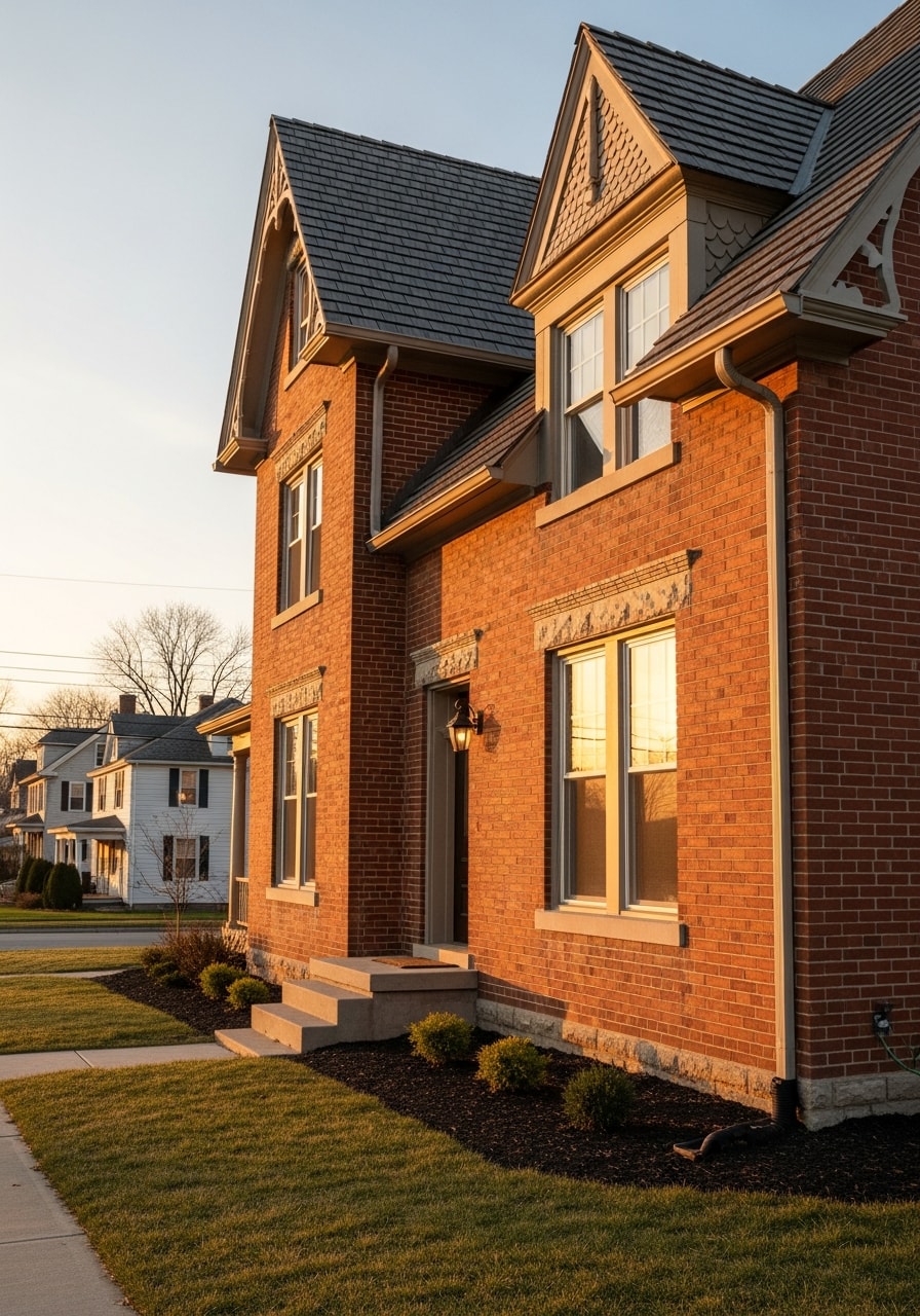 Close-up of a historic Circleville home exterior showing original details and well-maintained condition.