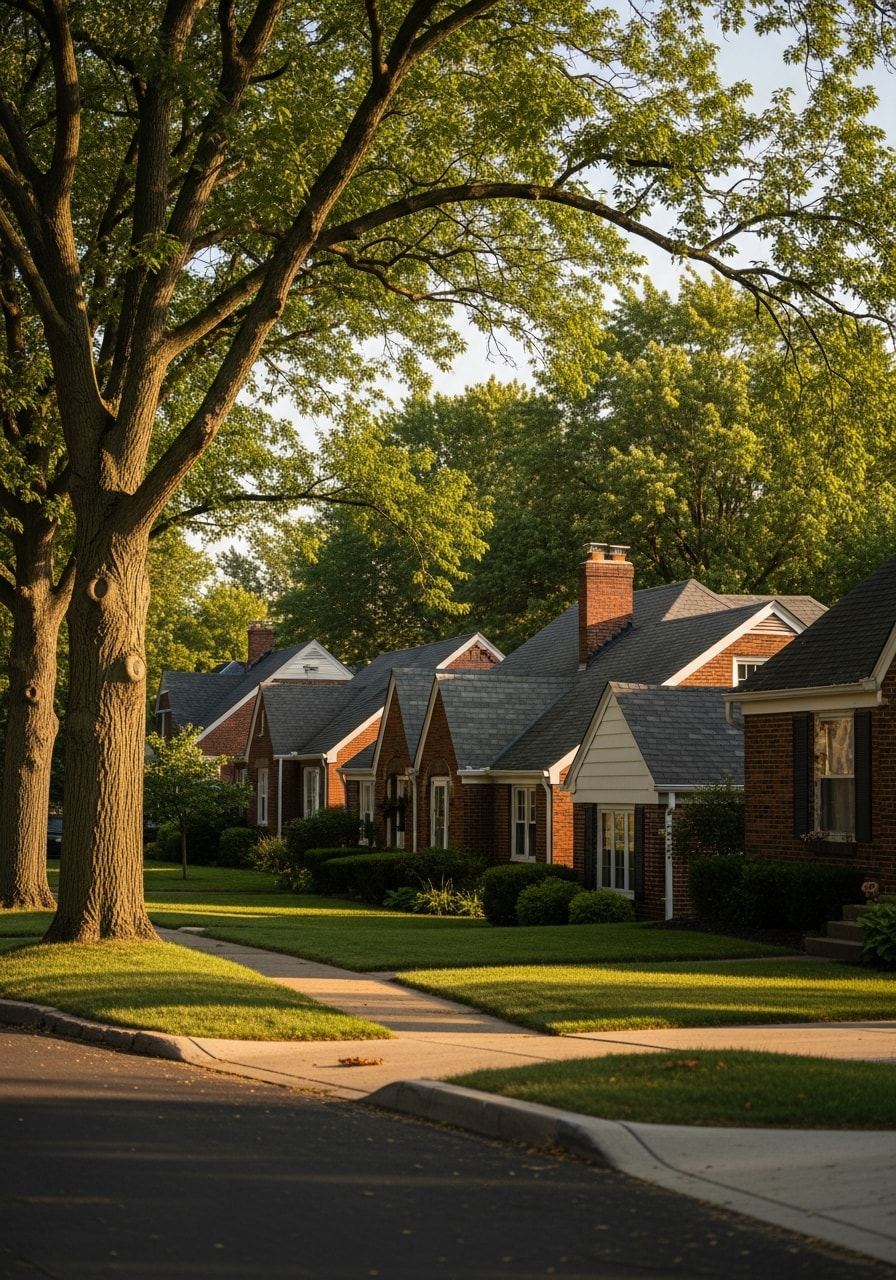 Residential street in a Columbus neighborhood showing varied home styles and mature street trees.