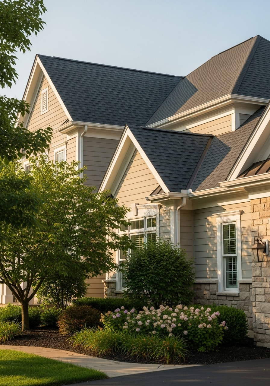 Exterior view of a high-end Dublin home showing quality construction, architectural detail, and professional grounds.
