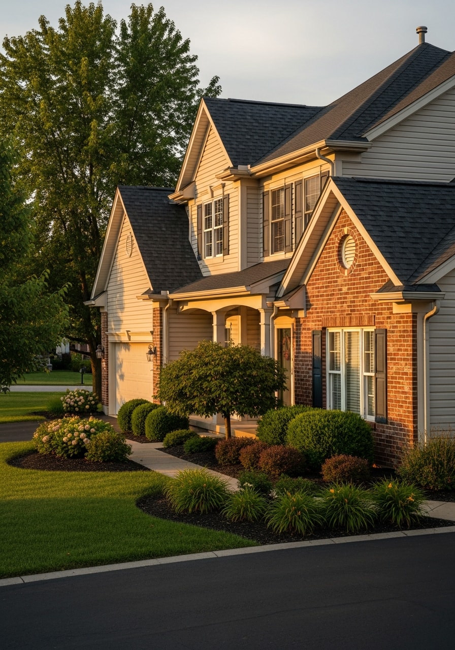 Close-up of a Grove City home exterior showing quality construction and well-maintained landscaping.