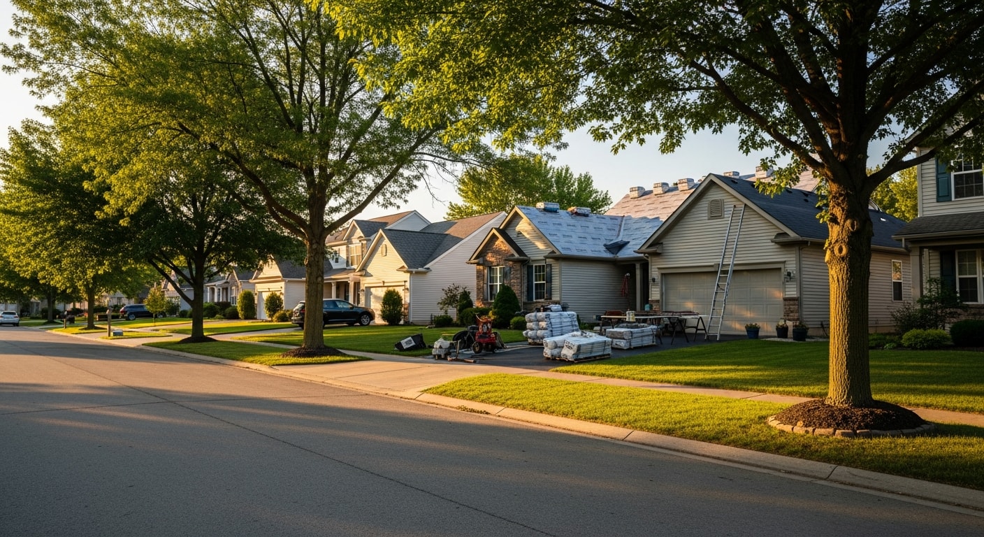 Suburban street in Grove City with new residential homes and mature trees lining the road.