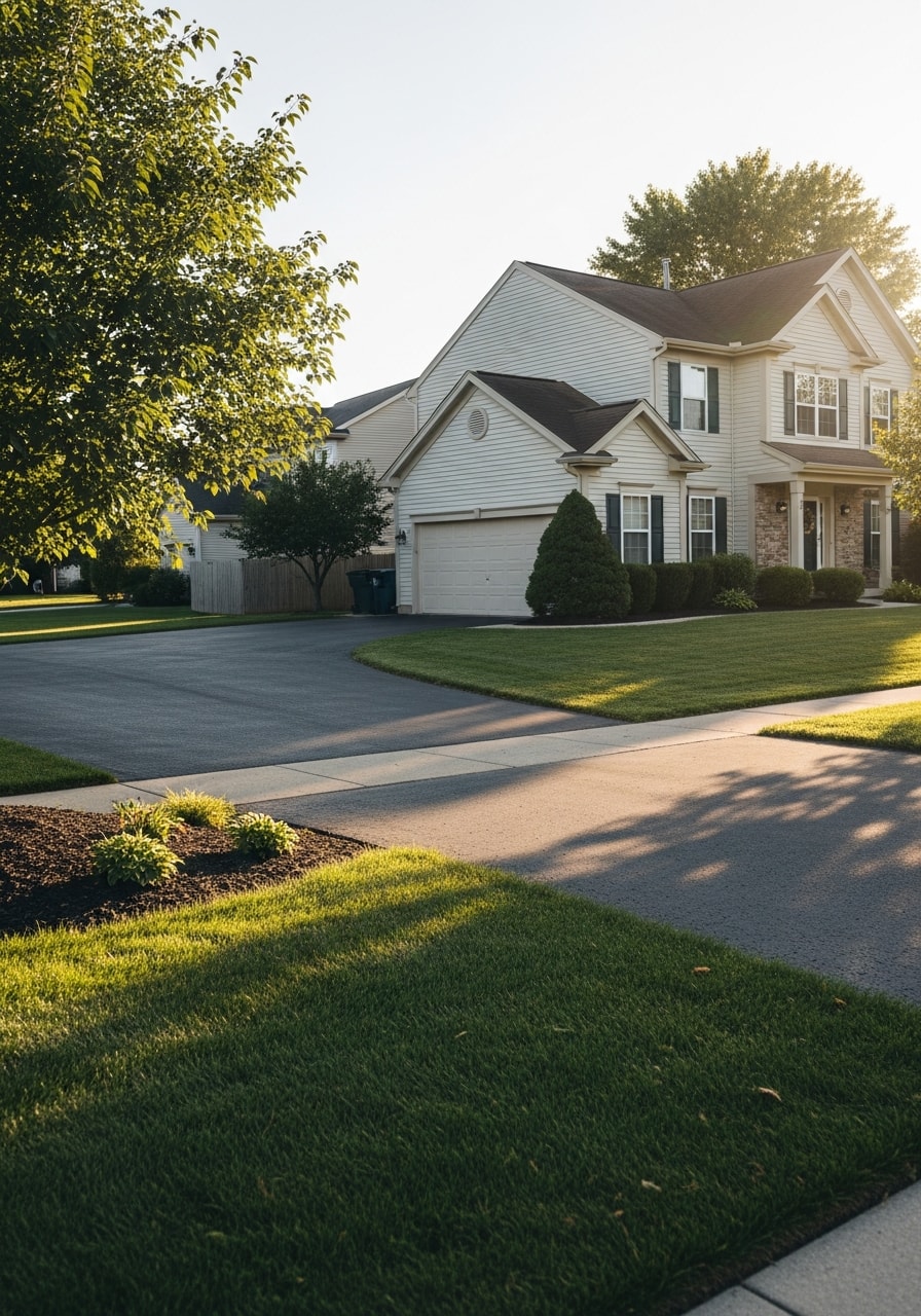 Detail view of a well-maintained Obetz home exterior with landscaping and driveway.