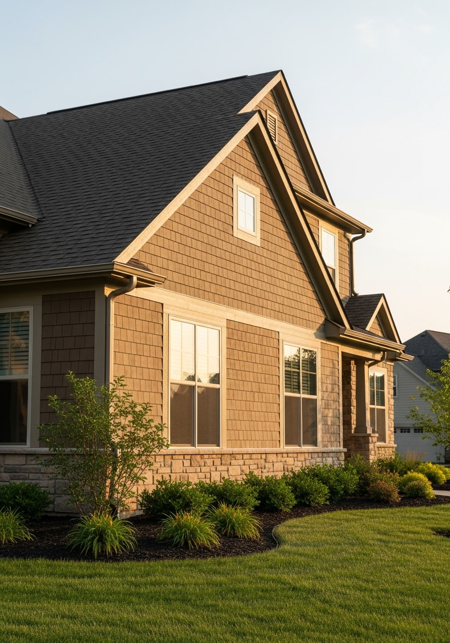 Detail view of a Pickerington home exterior with quality construction and well-maintained grounds.