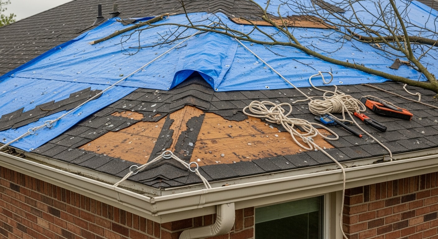 A secured blue tarp covering a storm-damaged asphalt shingle roof on a residential home in Grove City, Ohio. Visible hail damage and missing shingles are present along the roof deck beneath the tarp edge.