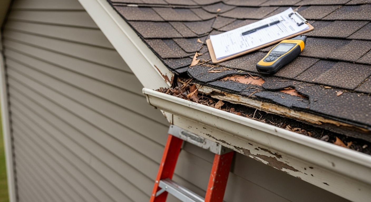 An RSG Systems Plus contractor inspecting the siding and trim of a residential home in Grove City, Ohio. The inspector examines the exterior surface up close, with the home's roofline and gutters visible in the background.