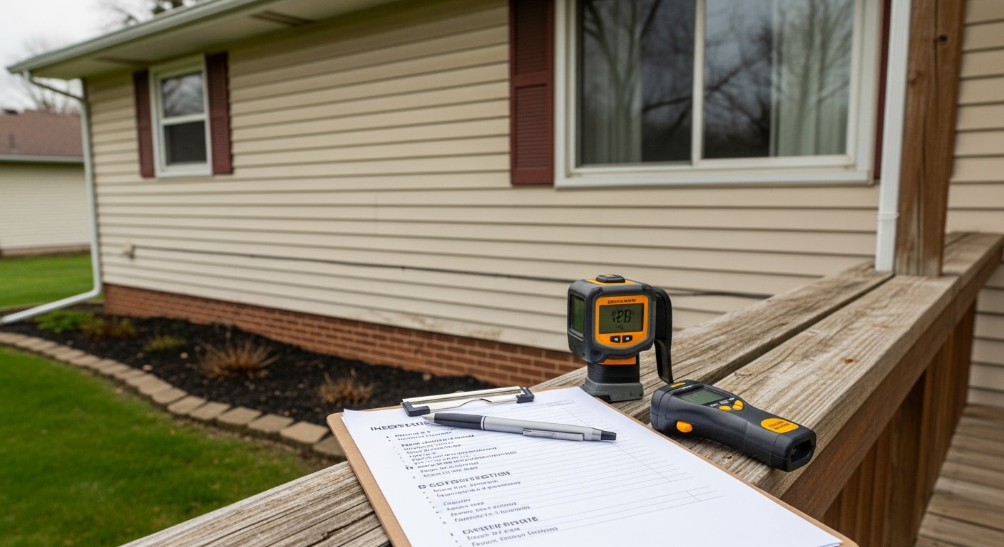 An RSG Systems Plus contractor conducting an exterior renovation consultation at a two-story colonial home in Grove City, Ohio, reviewing siding and trim condition from the front of the property.
