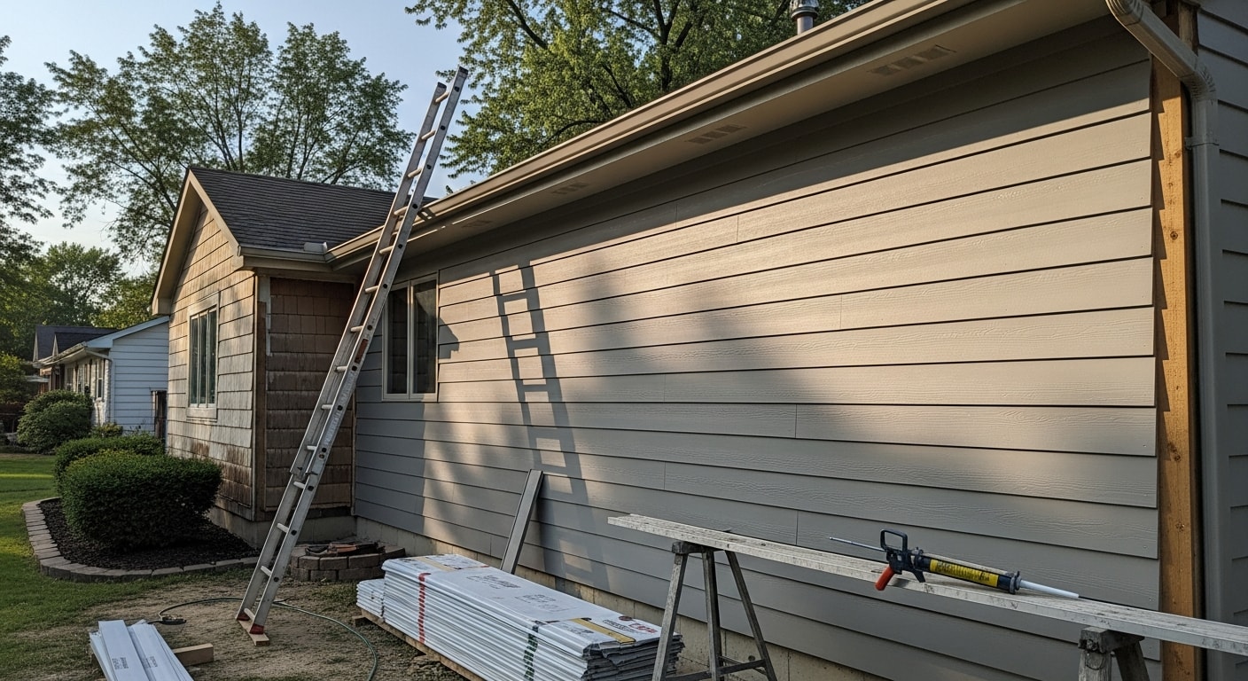 A Grove City, Ohio single-family home with freshly installed exterior siding showing clean panel lines and uniform color across the full facade. The upgraded exterior reflects the style common to established residential streets in the Grove City area.