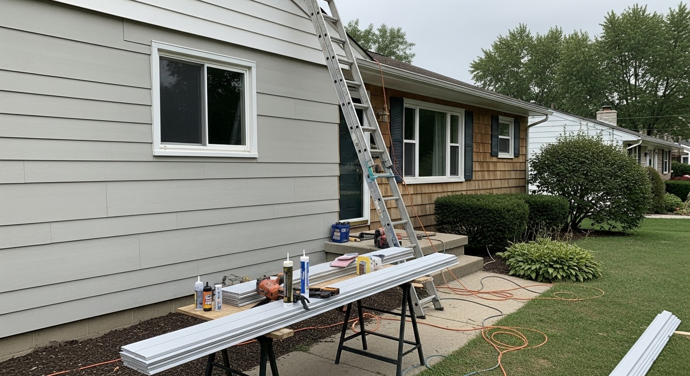 A Grove City, Ohio single-family home with a fully renovated exterior showing clean, uniform surfaces and refreshed trim. RSG Systems Plus exterior transformation work completed on a mid-century residential property.