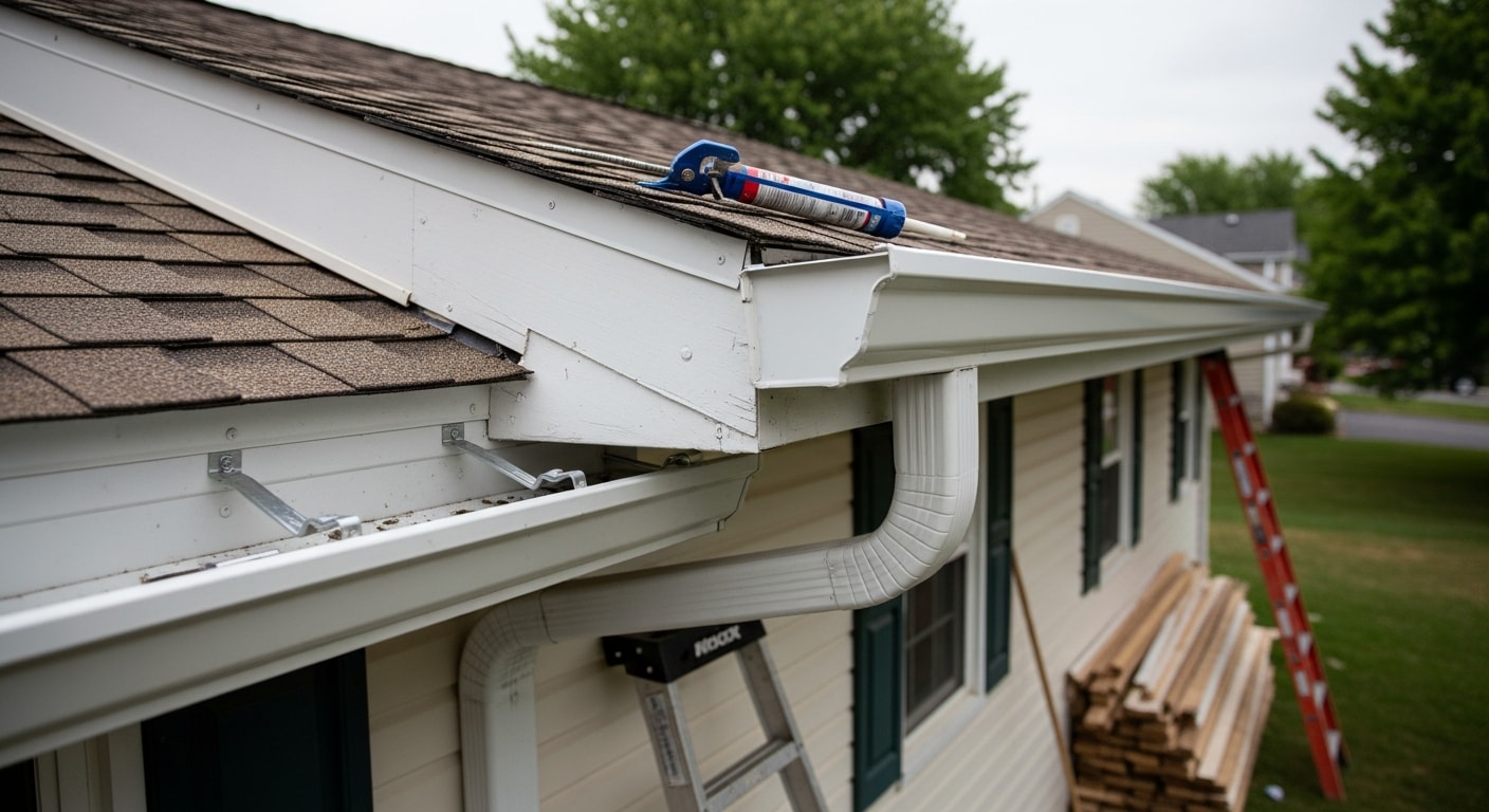 New fascia board installed along the roofline of a Grove City, Ohio home, with gutters mounted flush and aligned against a clean roof edge. Close-up view shows the finished board running the full length of the eave with no gaps or warping.