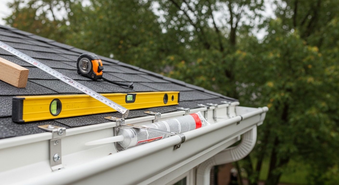 Newly installed gutters running along the roofline of a two-story Grove City home, with a downspout positioned at the corner directing water away from the foundation. The fascia boards are clean and the gutter profile sits flush against the roofline with no visible gaps or sagging.