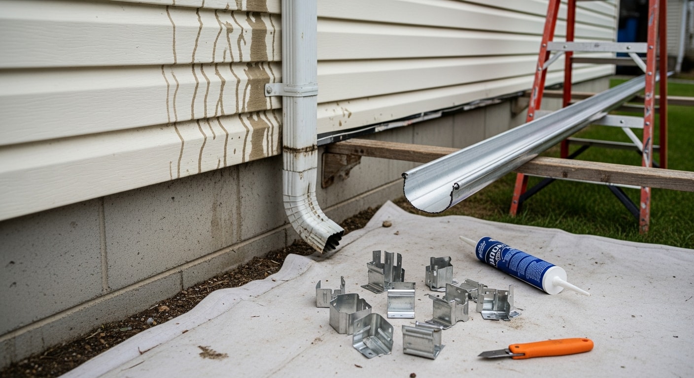 A technician from RSG Systems Plus reattaching a sagging gutter section on a single-family home in Grove City, Ohio. The repaired gutter runs along the roofline with no visible gaps or separation from the fascia board.
