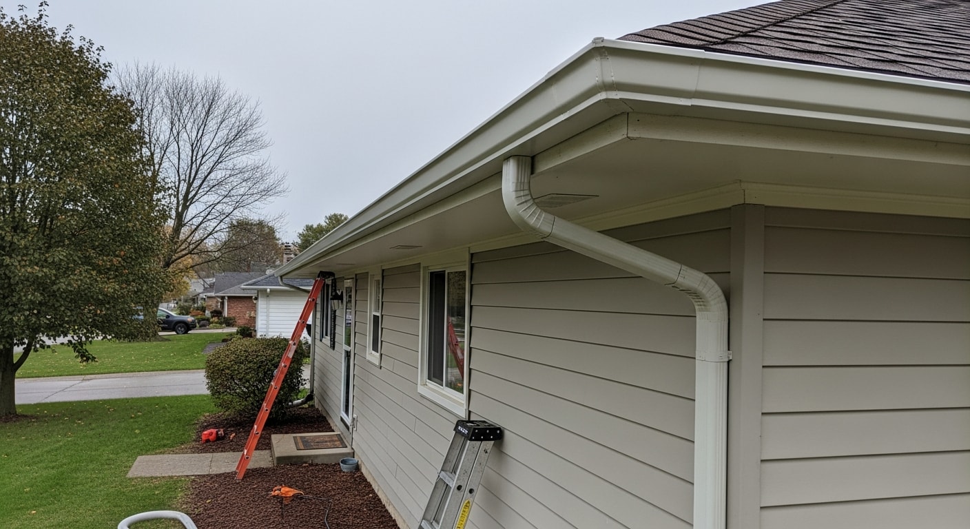 A newly installed gutter system running along the roofline of a two-story Grove City home, with clean downspouts directed away from the foundation. The old sectional gutters have been removed and replaced with a continuous system fitted to the home's fascia.
