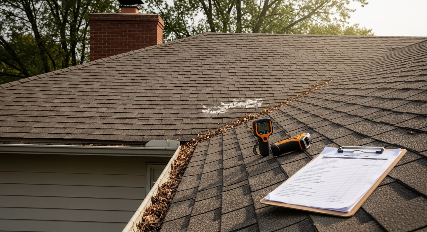 A roofing contractor from RSG Systems Plus inspecting the shingles and flashing on a residential home in Grove City, Ohio. Close-up view of a roof slope showing wear patterns typical of Central Ohio weather exposure.