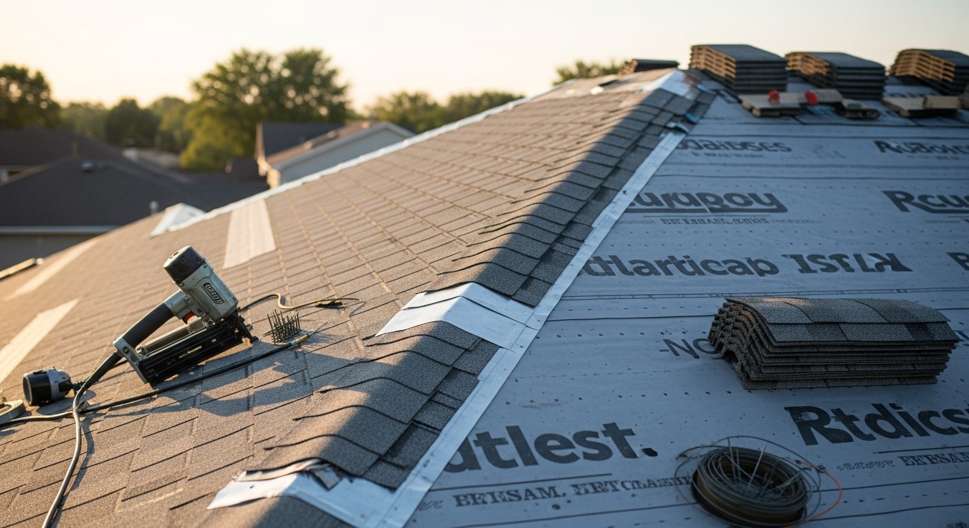 A newly installed residential roof on a two-story Grove City, Ohio home, showing clean ridge lines, uniform shingles, and finished flashing around a chimney. The surrounding neighborhood reflects the mix of established and newer construction common throughout Grove City.