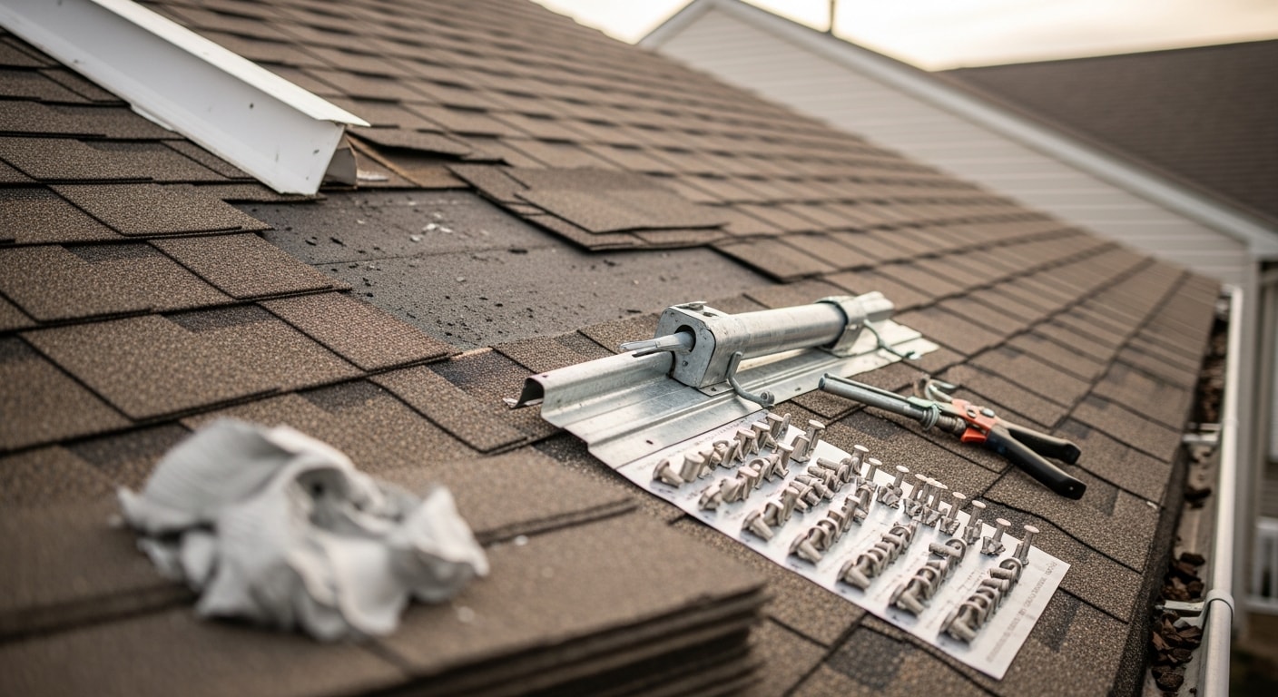 A Grove City residential roof after storm damage repair, showing replaced shingles and resealed flashing along the chimney and ridge line. The repaired section blends with the existing roof on a single-story home typical of Central Ohio suburban neighborhoods.