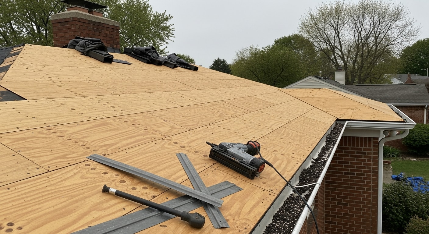 A completed residential roof replacement on a Grove City, Ohio home showing new architectural shingles installed across the full roof deck. The finished roof includes replaced flashing at the chimney and valleys, with clean ridge lines visible against a Central Ohio sky.