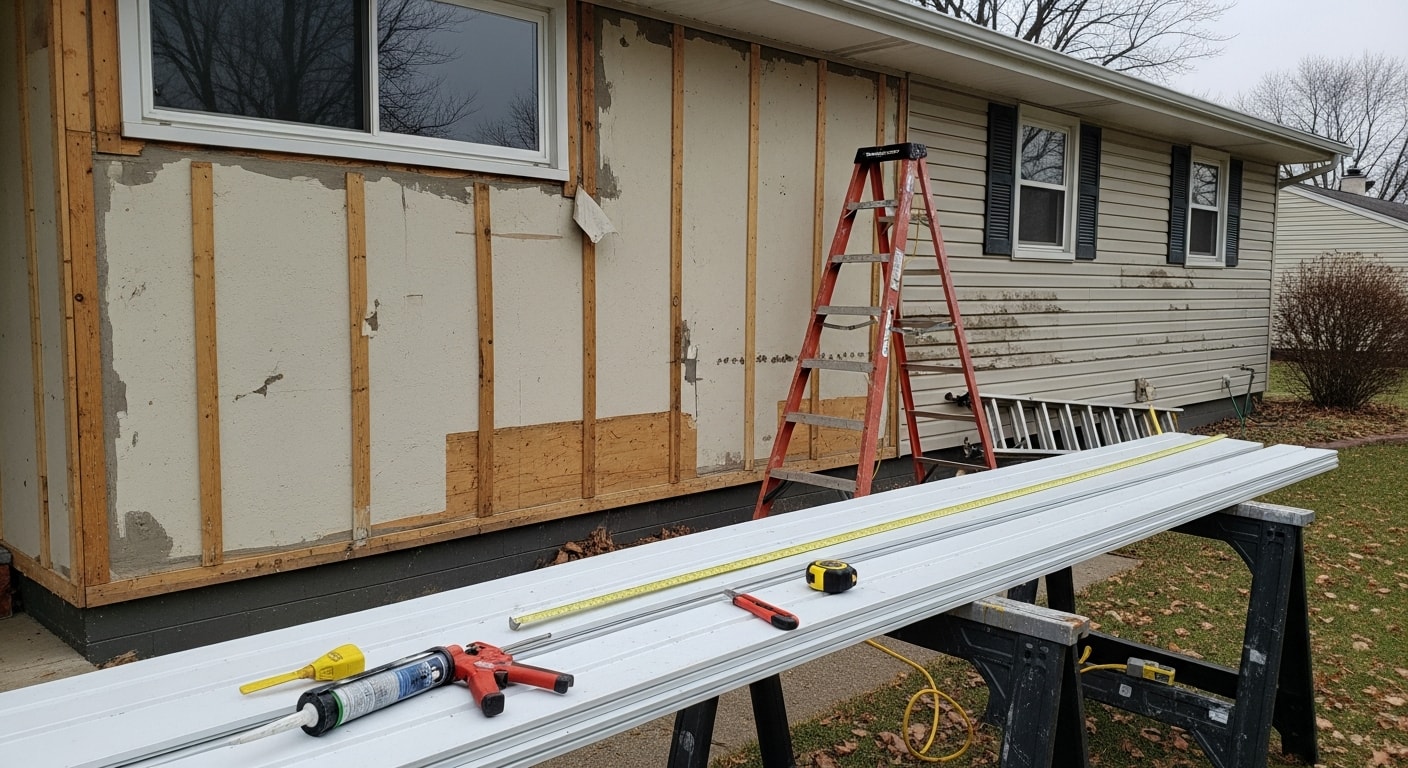 A Grove City, Ohio single-family home exterior showing freshly repaired siding panels along the front wall, with clean seams and no visible gaps or warping. The repair blends with the surrounding original siding on a residential street typical of an established Grove City neighborhood.