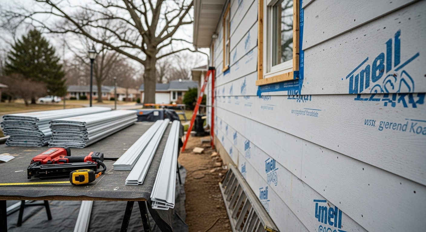 A Grove City, Ohio home with newly installed exterior siding, showing clean panel lines and a finished roofline edge. The replacement siding covers the full front and side elevations of a single-family residential property.