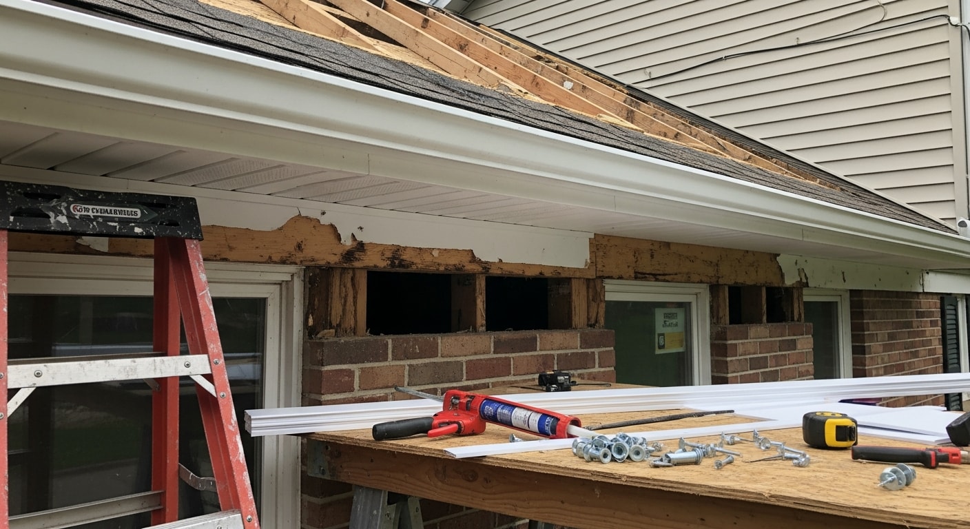 Freshly installed soffit panels along the roofline overhang of a Grove City residential home, showing clean panel alignment and closed eave edges. The image shows the underside of the roof eave with uniform vented soffit panels fitted flush against the fascia board.