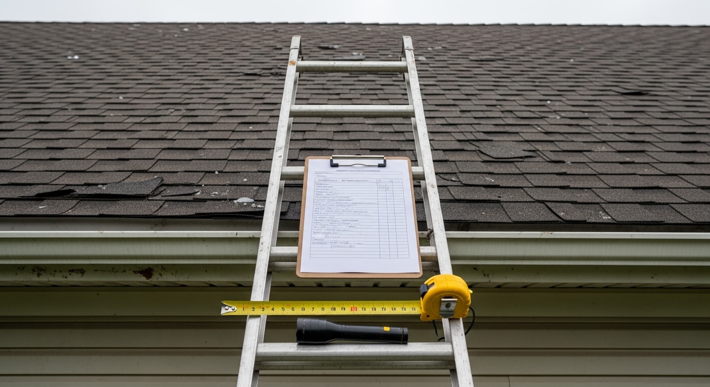 An RSG Systems Plus contractor inspecting storm-damaged roof shingles and gutters on a residential home in Grove City, Ohio after a severe thunderstorm. Close-up view shows hail impact marks on exterior surfaces with documentation materials in hand.