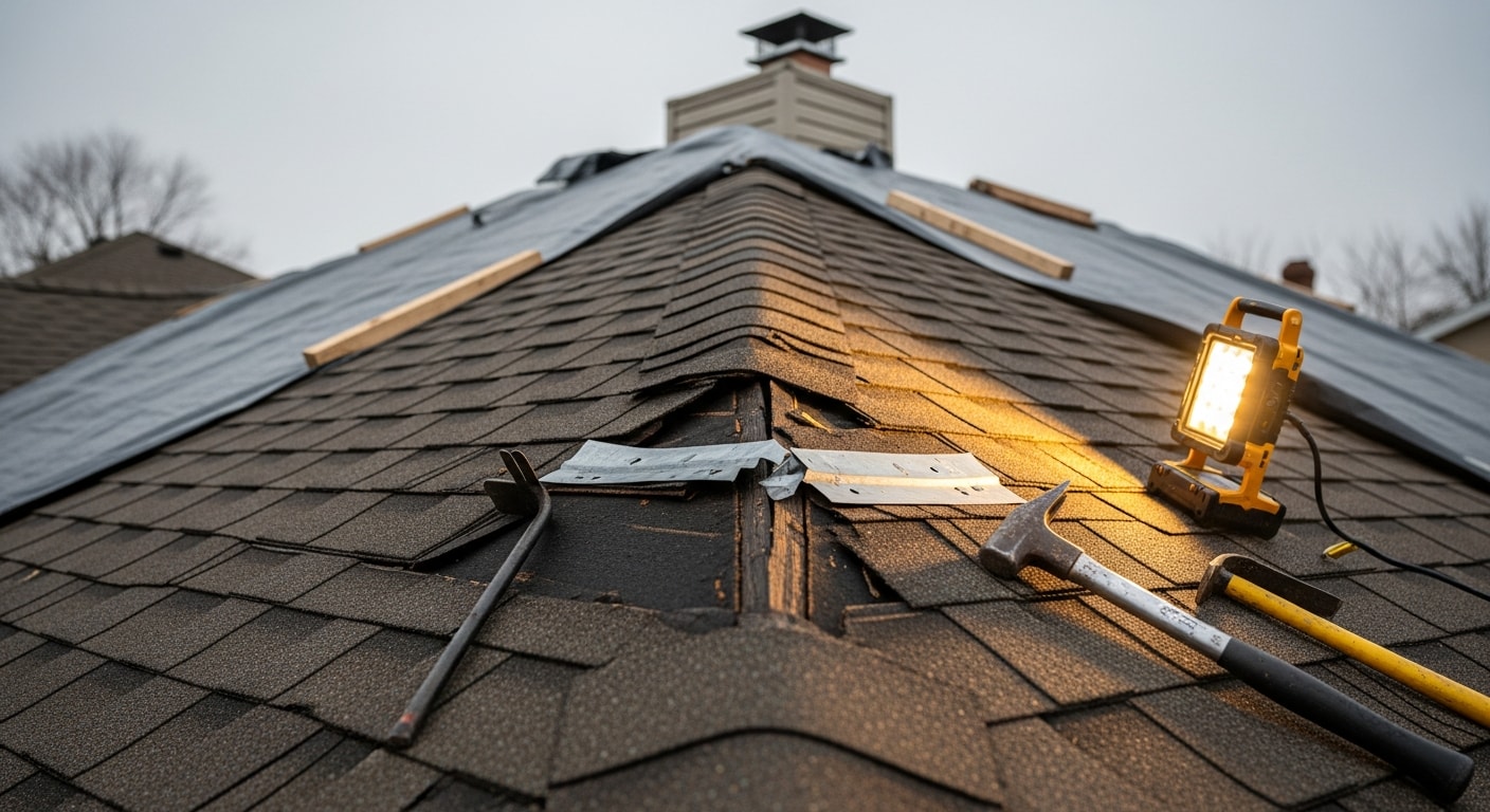 A Grove City residential roof showing repaired shingle sections and replaced flashing after storm damage. The home reflects the suburban single-family housing style common throughout Franklin County.
