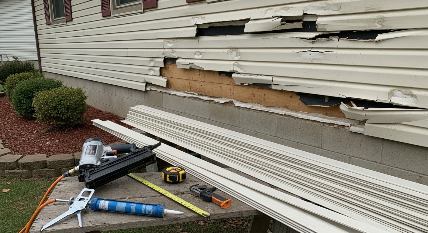 A Grove City Ohio single-family home with storm-damaged siding panels being replaced by a contractor. Close-up view shows cracked and displaced exterior siding sections mid-repair on a residential wall.